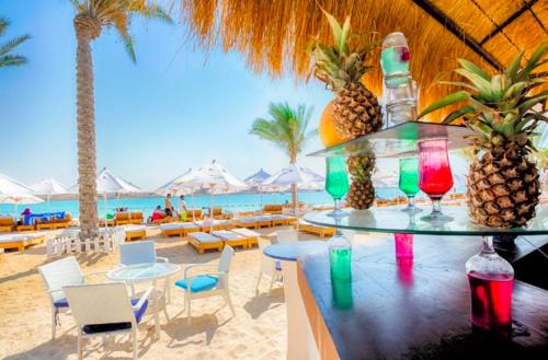 a bar with drinks on a beach with palm trees at Executive Royal Tower Apartments - Sky Lounge in El Alamein