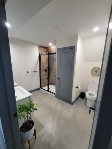 a bathroom with a toilet and a sink and a shower at Unique waterfront house with private beach in Gananoque