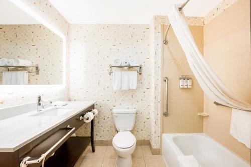 La salle de bains est pourvue d'un lavabo, de toilettes et d'une baignoire. dans l'établissement Holiday Inn - Brownsville, an IHG Hotel, à Brownsville