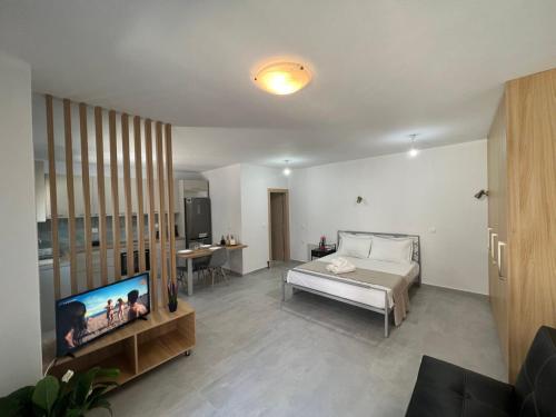 a bedroom with a bed and a flat screen tv at Vespista Boutique in Skiathos Town