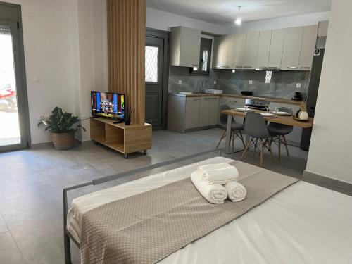 uma sala de estar com uma cama e uma cozinha em Vespista Boutique em Skiathos