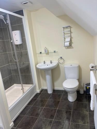 a bathroom with a toilet and a shower and a sink at Family home close to Shrewsbury Town centre in Shrewsbury