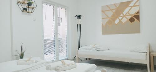 Una habitación blanca con dos camas y una ventana. en Sunčani apartman 1, en Krupanj