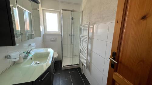 uma casa de banho com um lavatório e uma cabina de duche em vidro. em Apartments MIJUTA em Sukošan