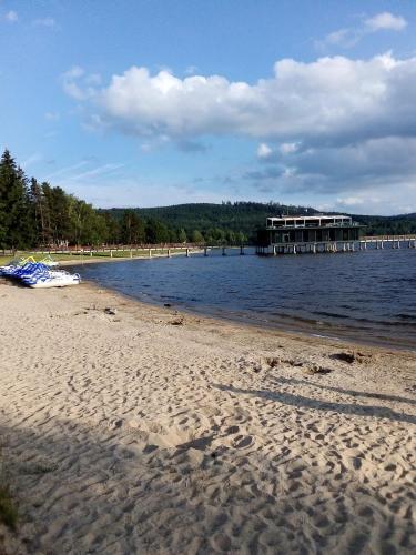 a sandy beach with a pier in the water at Apartman LEO Nr. 8 Lipno nad Vltavou in Lipno nad Vltavou