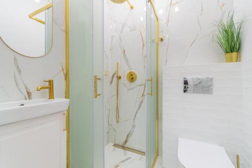 a bathroom with a shower with gold fixtures at Apartament Mierzeja LUX Baltic Garden in Sztutowo
