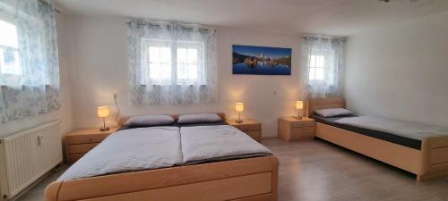 sypialnia z 2 łóżkami i 2 oknami w obiekcie Ferienzimmer in der Altstadt w mieście Wangen im Allgäu