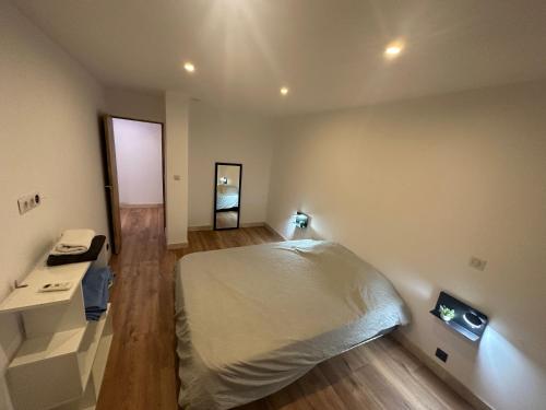 Schlafzimmer mit einem Bett, einem Schreibtisch und einem Spiegel in der Unterkunft Appartement Climatisé in Fréjus