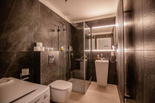 a bathroom with a shower and a toilet and a sink at Baltic Gdańsk OLD TOWN by St Mary s Church in Gdańsk