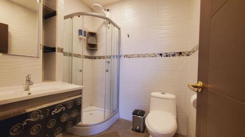 uma casa de banho com um chuveiro, um WC e um lavatório. em Habitaciones AlojaT MIMOS diagonal al hotel oro verde em Machala