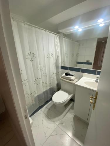 een witte badkamer met een toilet en een wastafel bij Departamento Don Miguel Claro in Santiago