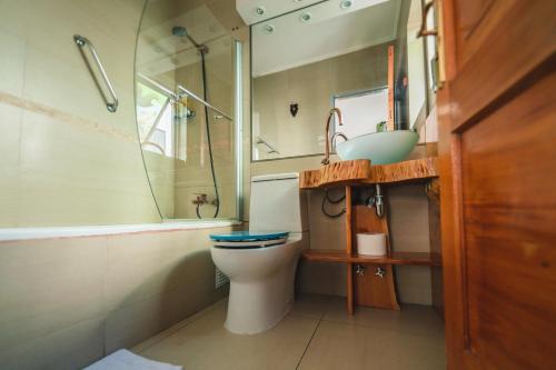 La salle de bains est pourvue de toilettes, d'un lavabo et d'une douche. dans l'établissement AYCA La Flora Hotel Boutique, à Valparaíso