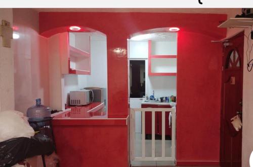 cocina con paredes rojas y cocina con microondas en Casa del tío armando, en Coatzacoalcos