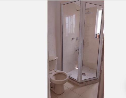 La salle de bains est pourvue de toilettes et d'une douche en verre. dans l'établissement Casa del tío armando, à Coatzacoalcos