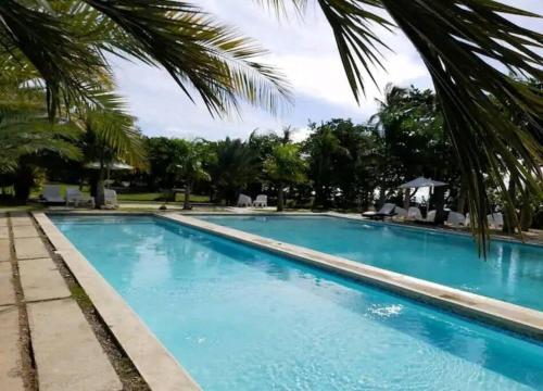 - une piscine d'eau bleue avec des palmiers dans l'établissement Hermoso apartamento con acceso al club, à Puerto Palenque