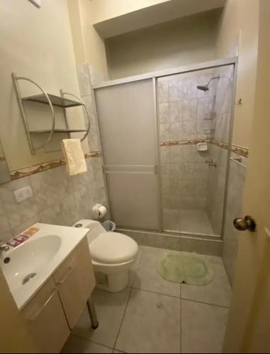 a bathroom with a shower and a toilet and a sink at Recover in Pucallpa