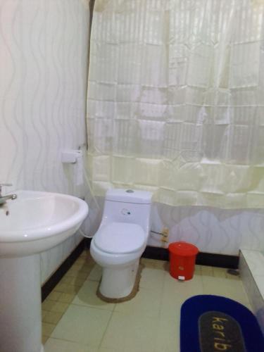 a bathroom with a white toilet and a sink at Hostel Kiliwood in Moshi