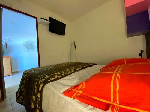 une chambre avec un lit et une télévision à écran plat dans l'établissement Maison PMR avec Terrasse, Clim et Parking à 900m de la Mer - 4 Couchages - FR-1-229-872, à Gruissan