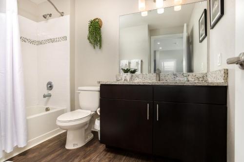 a bathroom with a toilet and a sink and a mirror at Historic Apartment Downtown SA in San Antonio