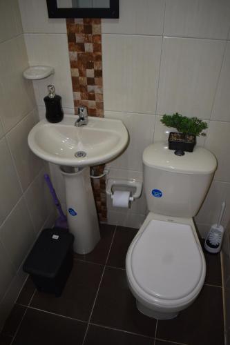 a bathroom with a toilet and a sink at Tranquilo y Acogedor Apto en Fusagasugá. in Fusagasuga