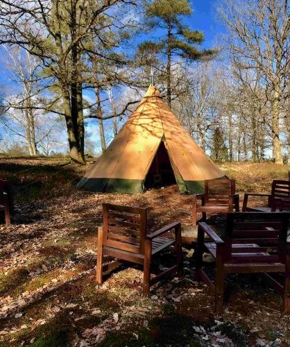 a teepee with benches and a table in a field at Wildlife camp In a Nordic tipi in Olofstorp