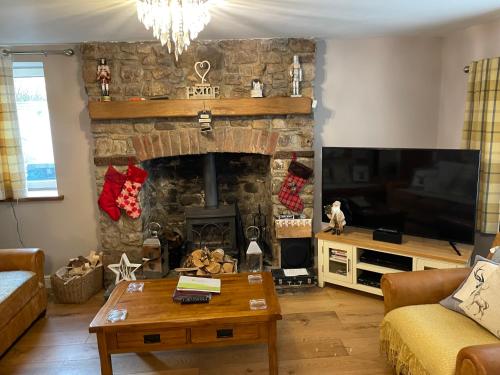 a living room with a stone fireplace and a tv at Honeycott in Crickhowell