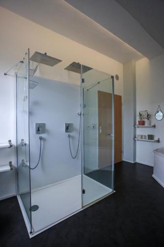 a glass shower in a room with at Ferienhaus Erna in Doberlug-Kirchhain