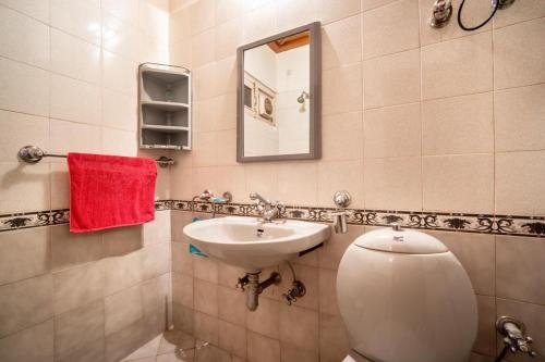 a bathroom with a sink and a toilet and a mirror at Villa Bliss Nest in Nainital