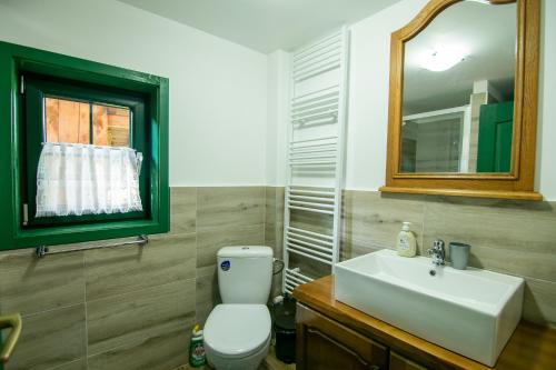 a bathroom with a white toilet and a sink at Căsuța Doinița in Borşa