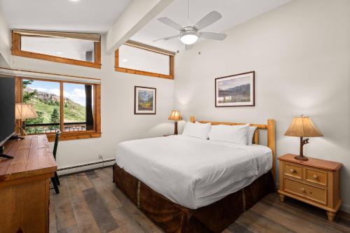 a bedroom with a bed and a tv and a window at Shadowbrook 505 in Snowmass Village