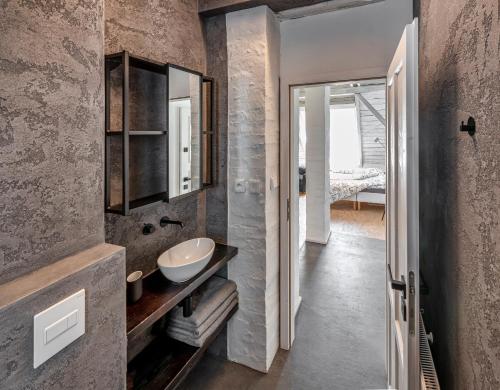 y baño con lavabo y espejo. en Tiny House, podkrovní apartmán a apartmán s výhledem do zahrady, en Ostrava