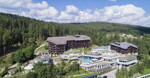 an aerial view of a resort in the mountains at Hotel Vier Jahreszeiten am Schluchsee in Schluchsee