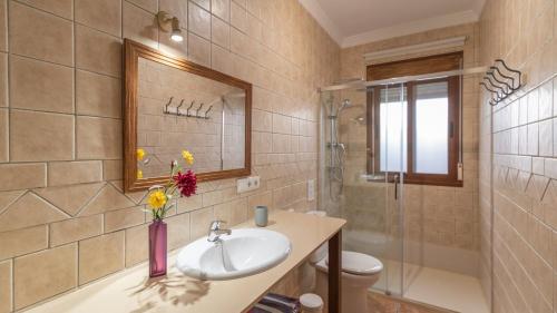 een badkamer met een wastafel, een toilet en een douche bij Casa Amelia Competa by Ruralidays in Cómpeta