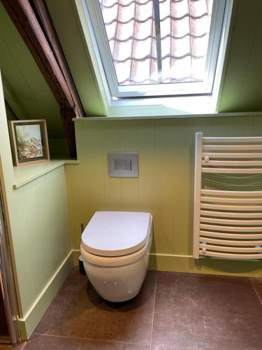 een badkamer met een toilet en een raam bij B&B Hoogstraat in Dokkum