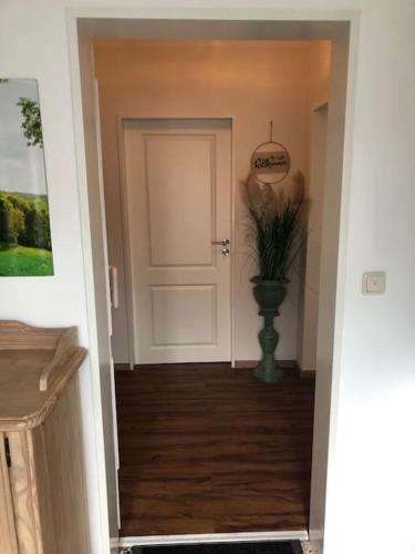 a hallway with a white door and a plant in a vase at Ferienwohnung Eifel-Roedis in Blankenheim
