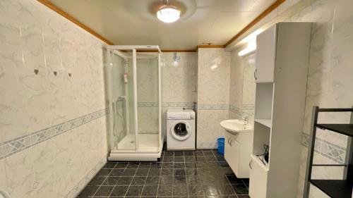 une salle de bain avec douche et machine à laver dans l'établissement EG Apartment, à Leknes