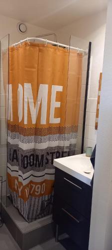 La salle de bains est pourvue d'un rideau de douche orange et d'un lavabo. dans l'établissement Montagna verde, à Strasbourg