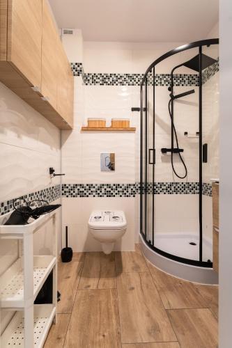 a bathroom with a shower and a toilet at Apartament Strumykowy Zakątek - w centrum z prywatnym parkingiem - Space Apart in Karpacz