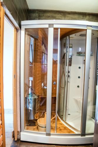 a glass cabinet in a bathroom with a shower at RedCity Loft 25 in Żyrardów