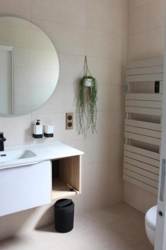 a bathroom with a sink and a mirror at Villa plain pied vue terrasse in Port-Vendres
