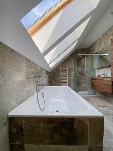 a bathroom with a large bath tub with a skylight at Vila Maister in Celje