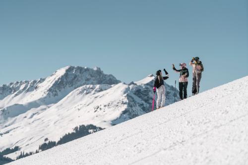a group of people standing on top of a snow covered mountain at PHILSON Apartments in Saalbach Hinterglemm