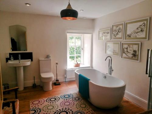 a bathroom with a tub and a toilet and a sink at Bryn Capel, Gwynfe in Gwynfe