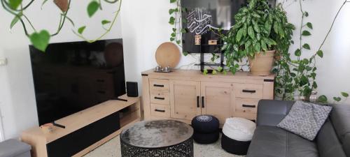 a living room with a couch and a entertainment center at Maison de la plage in Valras-Plage