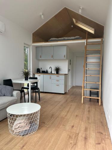 a living room with a loft bed and a kitchen at Leśny Staw Stodoła in Gilwa