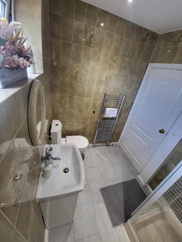 a bathroom with a white sink and a toilet at Petals Rm in Belle Isle