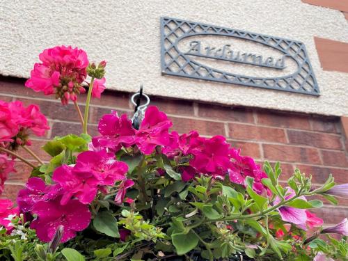 a bush of pink flowers in front of a building at Pass the Keys Spectacular 7BR House Hot Tub and Gardens in Gretna in Gretna Green