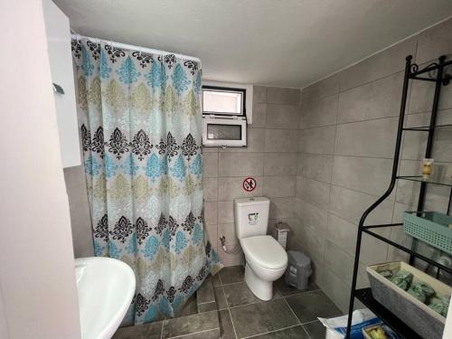 a bathroom with a toilet and a shower curtain at Modern Stylist House for Friends in Heraklio