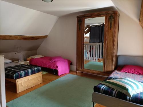 Cette chambre comprend 2 lits et un miroir. dans l'établissement La Chaumière de Mauvrain, à La Celle-sur-Nièvre