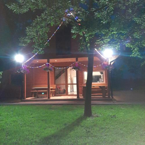a house with a picnic table in the yard at night at Roztocze 3 kroki od sosny in Zamość